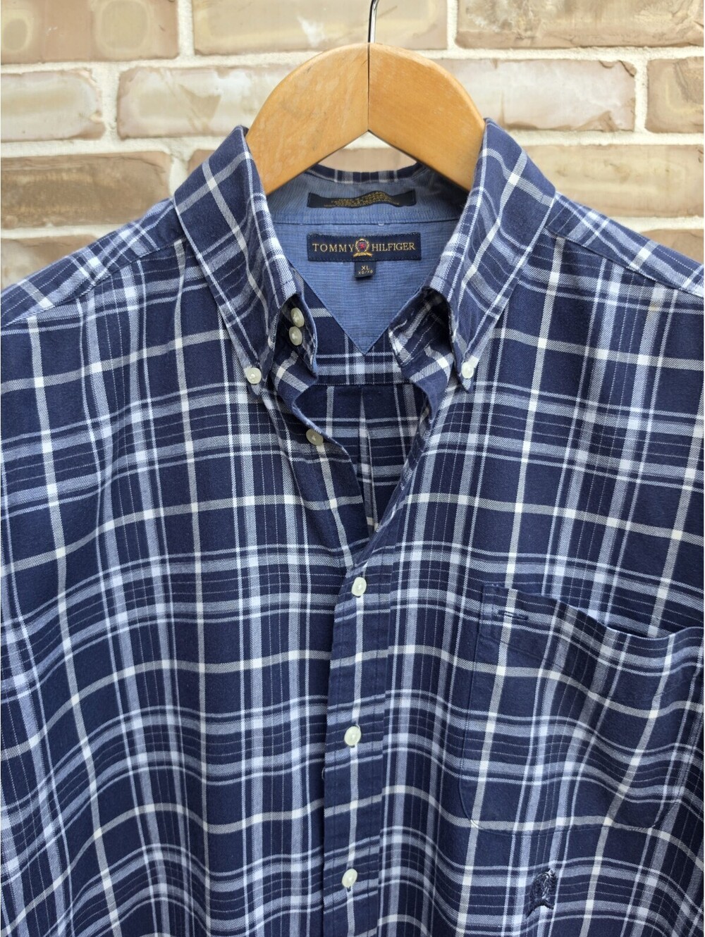 Vintage Tommy Hilfiger Shirt Mens XL Navy Blue Plaid Button Down 90s Y2K